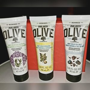 Korres Pure Greek Olive Set of Three 1.35 oz Body Cream. NEW/Factory sealed.